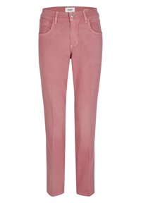 Pantalones vaqueros de color rosa claro con corte recto, que cuentan con cinco bolsillos, cierre frontal con botón y una superficie ligeramente texturizada.