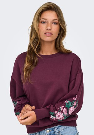 Jonge vrouw met lang golvend haar, draag een bordeauxrode trui met roze en groene bloemenborduursel op de mouwen, staand met gevouwen handen.