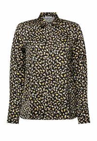 Zwarte blouse met een klein, abstract patroon in beige, geel en wit. Heeft een kraag en lange mouwen.