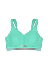 Mintgrøn sports-bh med mesh-textur stof, definerede kopper, justerbare stropper og et sølvfarvet bånd i bunden.