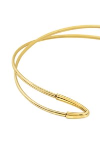 Guldfarvet metal choker halskæde med et minimalistisk design, der har to glatte, buede tråde og en lille mærkeaccent.