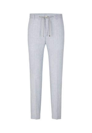 Helle blaue Leinenmischungs-Hosen mit strukturiertem Muster, Kordelzugbund und schmal zulaufenden Beinen, entworfen für eine entspannte Passform.