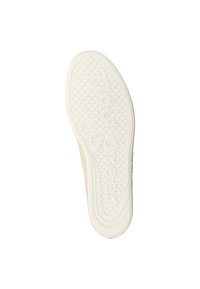 Podešev boty vyrobená z strukturovaného světle krémového gumového materiálu, s kruhovým vzorem, embosovaným logem a hladkým konturem okraje.