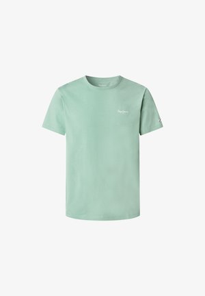 T-shirt en coton vert clair avec un col rond, des manches courtes et un petit logo blanc sur la poitrine. Design simple et classique.