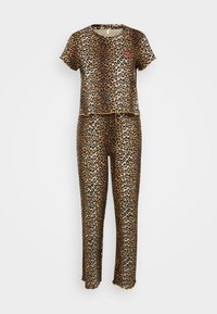 Set de pijama cu imprimeu leopard, realizat dintr-un material neted; top cu mânecă scurtă și pantaloni lungi cu croi lejer; prezintă modele negre și maronii.