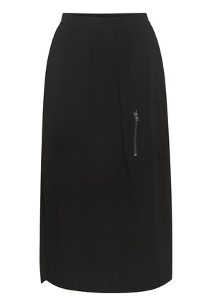 Svart midi kjol med elastisk midja, en sidoficka med dragkedja, sidoklyfta och texturerad tyg. Enkla, raka linjer.