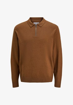 Rjav pleteni pulover z ovratnikom na zadrgo, dolgimi rokavi ter rebrastimi manšetami in robom. Narejen iz mehkega, strukturiranega blaga.
