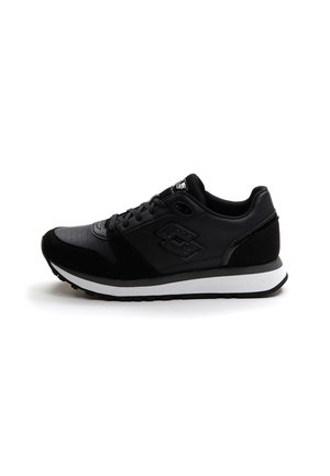 Black athletic shoe with a textured upper, smooth synthetic accents, and white sole. Features black laces and logo on the side.