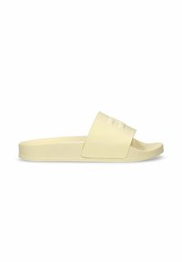 Infradito giallo chiaro con una finitura liscia e opaca e una fascia ampia con un logo semi-rialzato. Sottopiede testurizzato per il comfort.