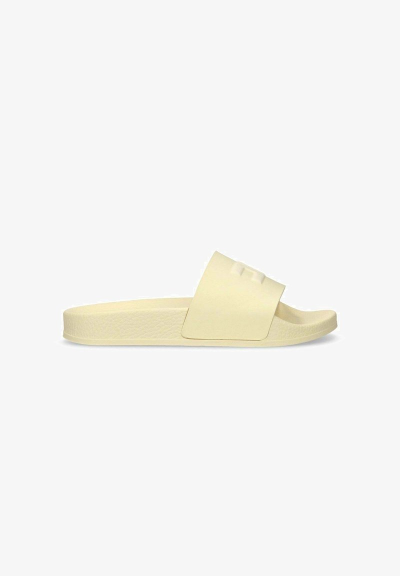 Infradito giallo chiaro con una finitura liscia e opaca e una fascia ampia con un logo semi-rialzato. Sottopiede testurizzato per il comfort.