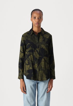 Black and olive green button-up shirt with a textured abstract pattern, long sleeves, and a straight hemline. Made from a lightweight fabric.