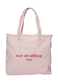 Różowa bawełniana torba na zakupy z czerwonym napisem "out of office" oraz logo "s.Oliver". Posiada podwójne uchwyty do noszenia oraz surowe wykończenie brzegów.