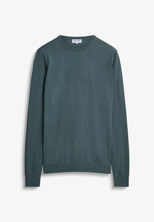 Maglione girocollo verde scuro con maniche lunghe, realizzato in un tessuto a maglia liscia. Presenta polsini e orlo a coste, design minimalista.