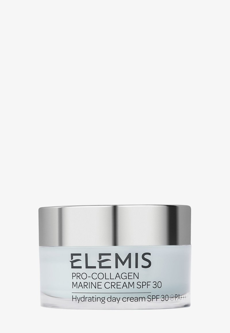 Słoik kremu Elemis Pro-Collagen Marine Cream SPF 30 z srebrną pokrywką, nawilżający krem na dzień do nawilżania skóry i ochrony przeciwsłonecznej.