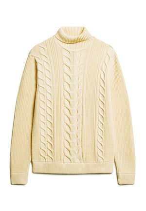Pull tricoté de couleur crème avec un col haut, présentant un côtelé texturé et des motifs de torsades, terminé par un ourlet et des poignets côtes.