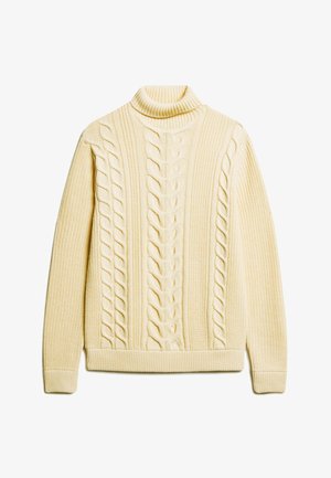 Cremfarbener, gestrickter Pullover mit hohem Kragen, präsentiert sich mit strukturiertem Rippenmuster und Zopfmustern, abgeschlossen mit einem gerippten Saum und Bündchen.