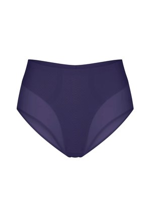 Wysokiej talii fioletowa bielizna o gładkiej fakturze, z delikatnym wzorem w zygzak i bezszwowym designem. Brak widocznych elementów metalowych.