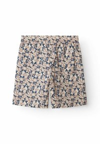 Herren-Schwimmshorts mit einem floralen Muster in Creme, Marineblau und Burgunderrot. Elastischer Bund mit Kordelzug, leichtes Material und lässiger Schnitt.