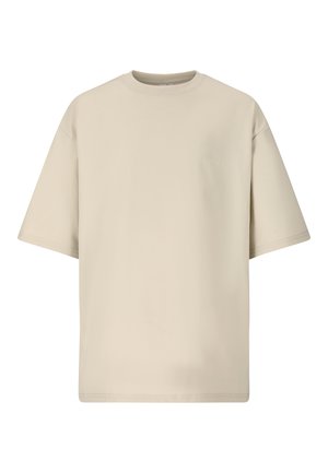 Beige oversized T-shirt med korte ærmer, rund hals og subtilt prægede logo på brystet.