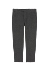 Pantaloni grigi realizzati in tessuto con una texture liscia, dotati di tasche laterali, taglio dritto e una cintura con passanti per cintura.