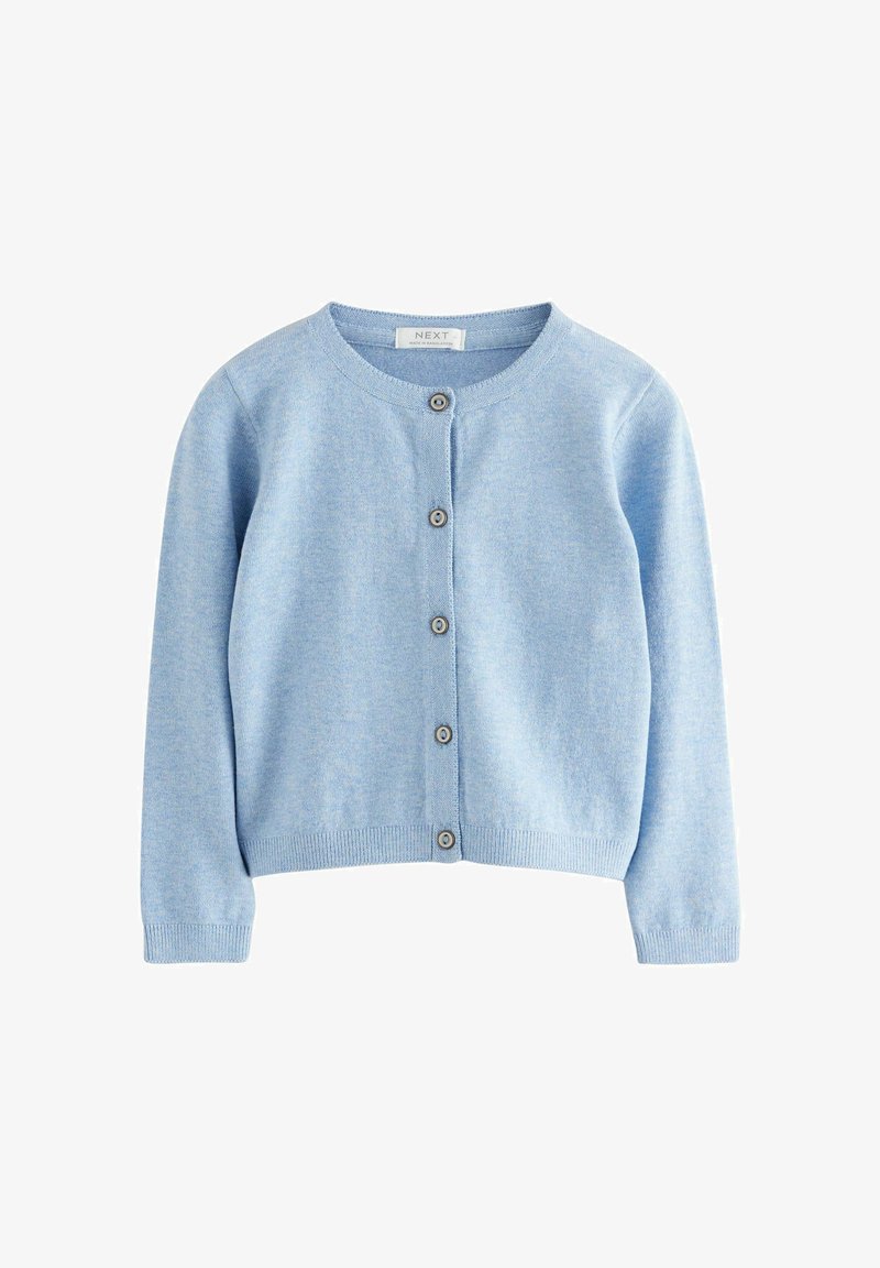 Light blue knitted cardigan with long sleeves, round neckline, and five front buttons, laid flat on a white background.