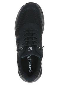 Black athletic shoe with a mesh upper and synthetic accents, featuring laces, a rounded toe, and textured sole for grip.