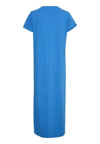 Robe longue bleue unie à manches courtes avec un col rond haut, vue de dos sur fond blanc.