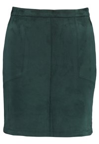 Grön mocka mini kjol med en åtsittande design, med detaljerade sömmar fram och utan fickor. Slät textur med en subtil lyster.