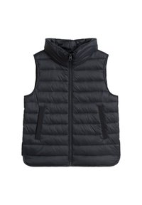 Gilet sans manches matelassé noir avec col haut, fermeture éclaire sur le devant et deux poches latérales sur fond blanc.