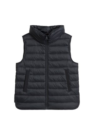 Black quilted sleeveless puffer vest with high collar, front zipper, and two side pockets on a white background.