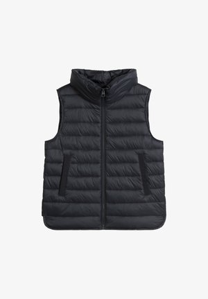 Schwarzige gesteppte ärmellose Pufferweste mit hohem Kragen, Frontreißverschluss und zwei seitlichen Taschen auf weißem Hintergrund.