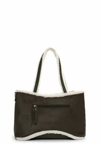 Borsa a spalla verde oliva con bordo morbido bianco, dotata di manici in tessuto doppi e una tasca con zip su un lato. Texture soffice.