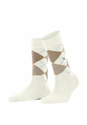 Chaussettes en coton blanc avec un motif en losange marron et crème, arborant des accents de couture bleue et un haut côtelé.