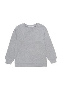 Grijze katoenen sweatshirt met lange mouwen, ronde hals en geribde manchetten en zoom. Effen textuur met een klein geweven label aan de zijkant.