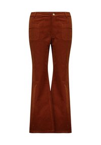 Pantalons en corduroy marron évasés avec deux poches avant, texture lisse et fermeture à un bouton à la taille.