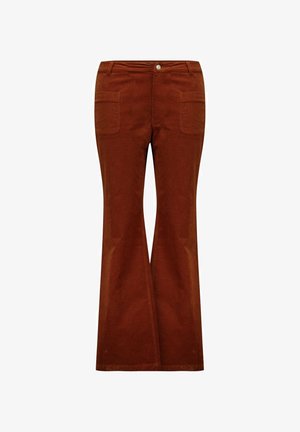 Bruine corduroy flared broeken met twee voorzakken, een gladde textuur en een enkele knoopsluiting bij de tailleband.