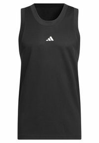 Czarny bezrękawnik sportowy, wykonany z siatkowego materiału. Posiada okrągły dekolt i białe logo Adidas na piersi.