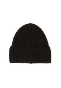 Gorro de punto negro hecho de lana suave. Presenta una textura acanalada y un diseño con puño doblado. Forma sencilla y redondeada para cubrir la cabeza.