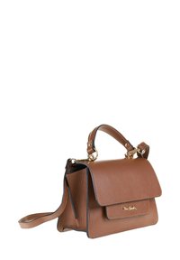 Borsa a tracolla in pelle marrone con una maniglia superiore e una tracolla removibile. Presenta una chiusura a soffietto, hardware dorato e una tasca frontale.