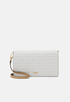 DKNY crossbody bag in light gray synthetic material, featuring a subtle logo pattern and gold-tone hardware, with a contrasting tan strap.