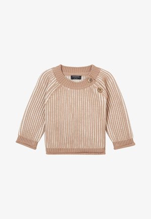 Pull bébé à manches longues rayé beige et blanc avec col, poignets et bas côtes, et deux boutons en bois près du col.