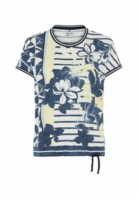 Bloemrijke top met korte mouwen en een ronde hals, met marineblauw en gele strepen, bloemmotieven en een trekkoord aan de onderrand. Milieuvriendelijk materiaal.