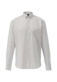 Weißes Langarmhemd mit vertikalen blauen und roten Streifen, Button-Down-Kragen und einer einzelnen Brusttasche. Weicher, strukturierter Stoff.