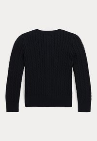 Maglione lavorato a maglia di un blu navy scuro, caratterizzato da un motivo a treccia, scollatura rotonda e maniche lunghe. I polsini e l'orlo a coste aggiungono texture e struttura.