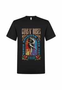 Sort bomulds t-shirt med et farverigt grafisk print af en danser, roser og tekst: "Guns N' Roses North American Tour 1991."