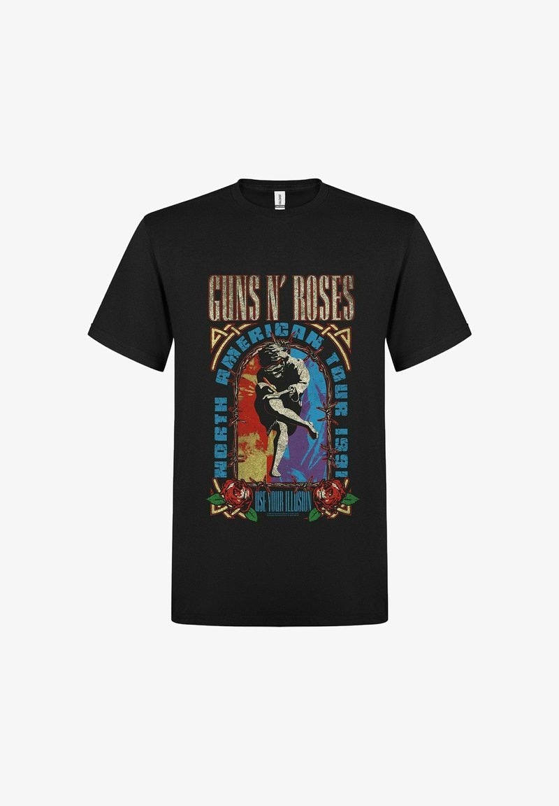 Černé bavlněné tričko s barevným grafickým potiskem zobrazující tanečníka, růže a text: "Guns N' Roses Severoamerické turné 1991."