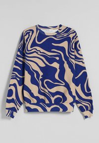 Mörkblå och beige sweatshirt med ett vågigt abstrakt mönster, rundad hals, långa ärmar samt ribbade muddar och nederkant. Mjuk tygkänsla.