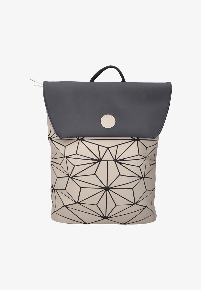 Backpack with geometric black pattern on cream background, black fold-over flap, round logo detail, and top carrying handle.
