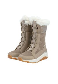 Bottes d'hiver beiges avec garniture en fausse fourrure, tige synthétique, fermeture à lacets, tissu texturé et semelle en caoutchouc robuste pour une bonne adhérence.