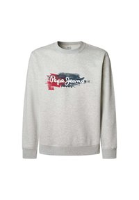Sudadera gris de mezcla de algodón, con cuello redondo, puños acanalados y un logo colorido con diseño de salpicaduras de pintura en el frente.